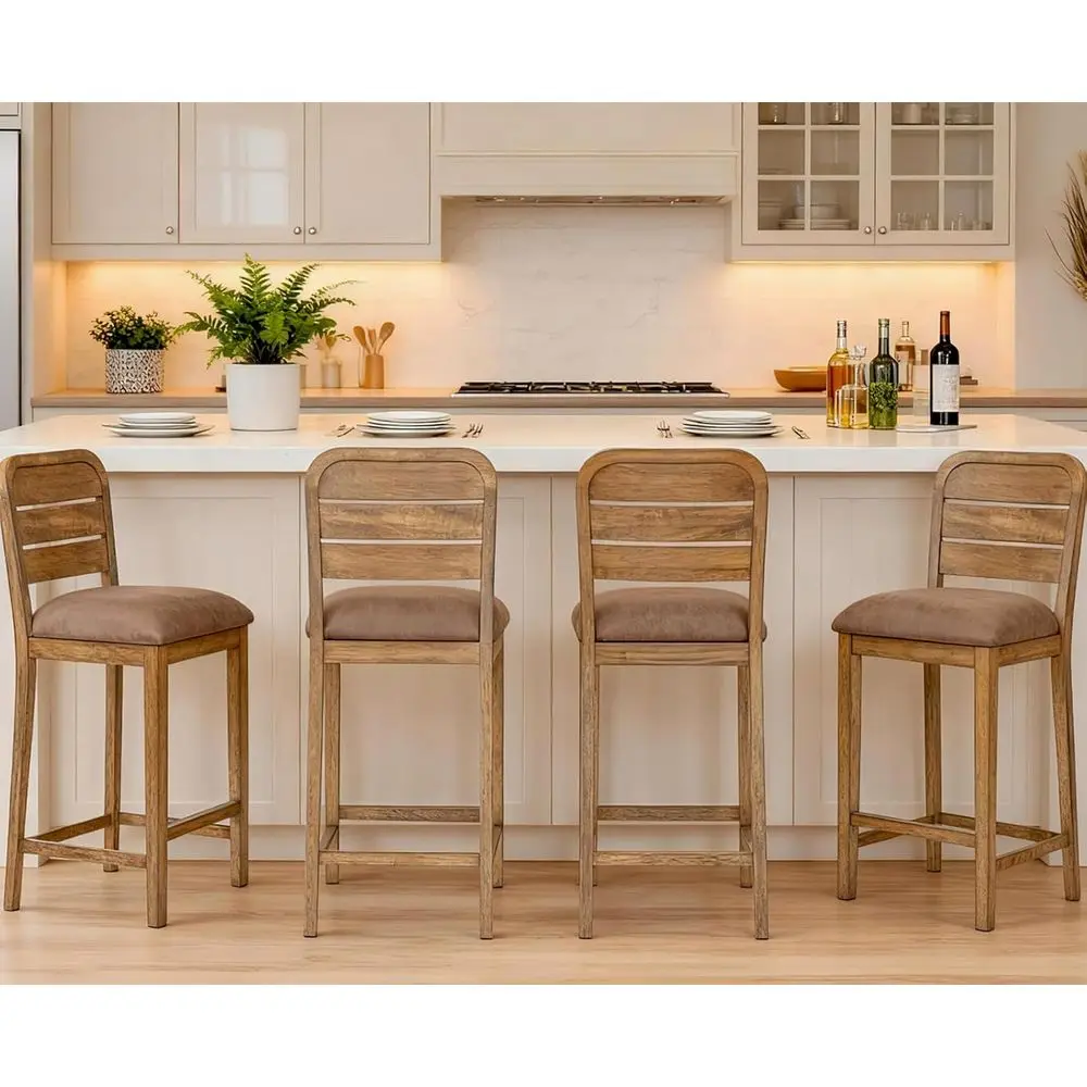 

Set of 4 Counter Height Bar Stools, Upholstered Walnut Ladder Back, Rustic Brown PU Leather Chairs for Kitchen Island/Home Bar/P