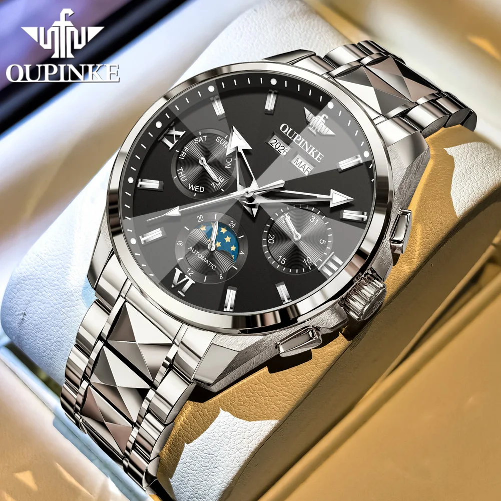 OUPINKE Luxe heren automatisch mechanisch polshorloge Zakelijk Waterdicht Maanfase Datum Week Reloj Mecánico Hombre 시계 남성용 3325