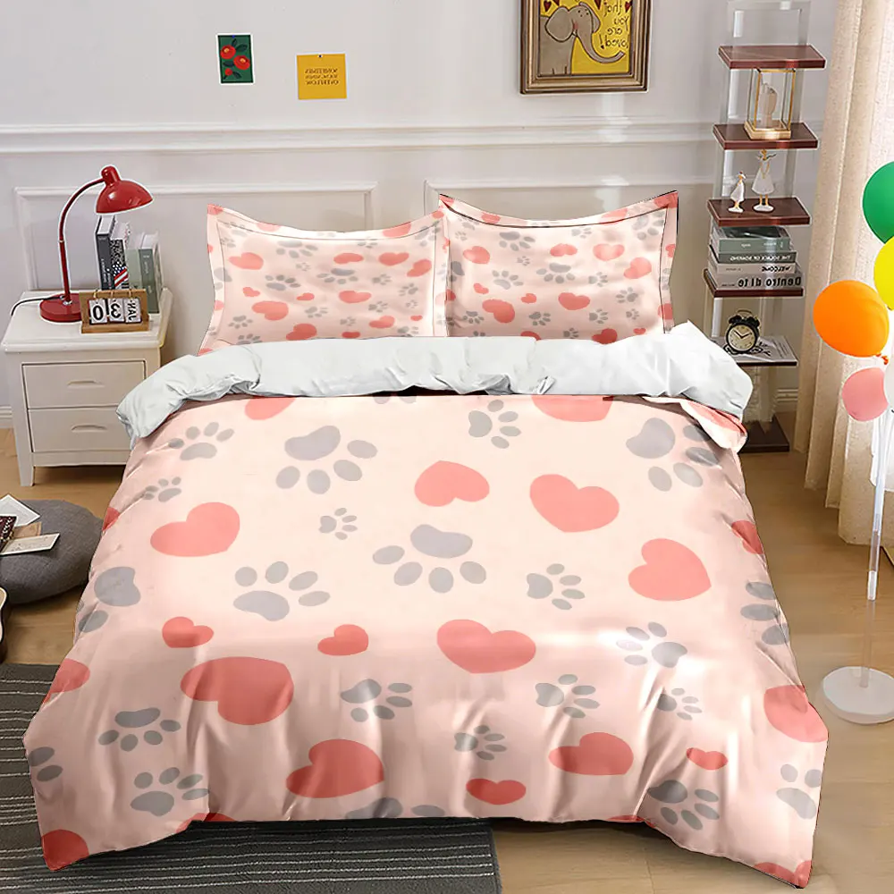 

Pink background with hearts and paw print Duvet Cover Set Digital Print Colorful Polyester Bedding with Zipper Closur for gifts