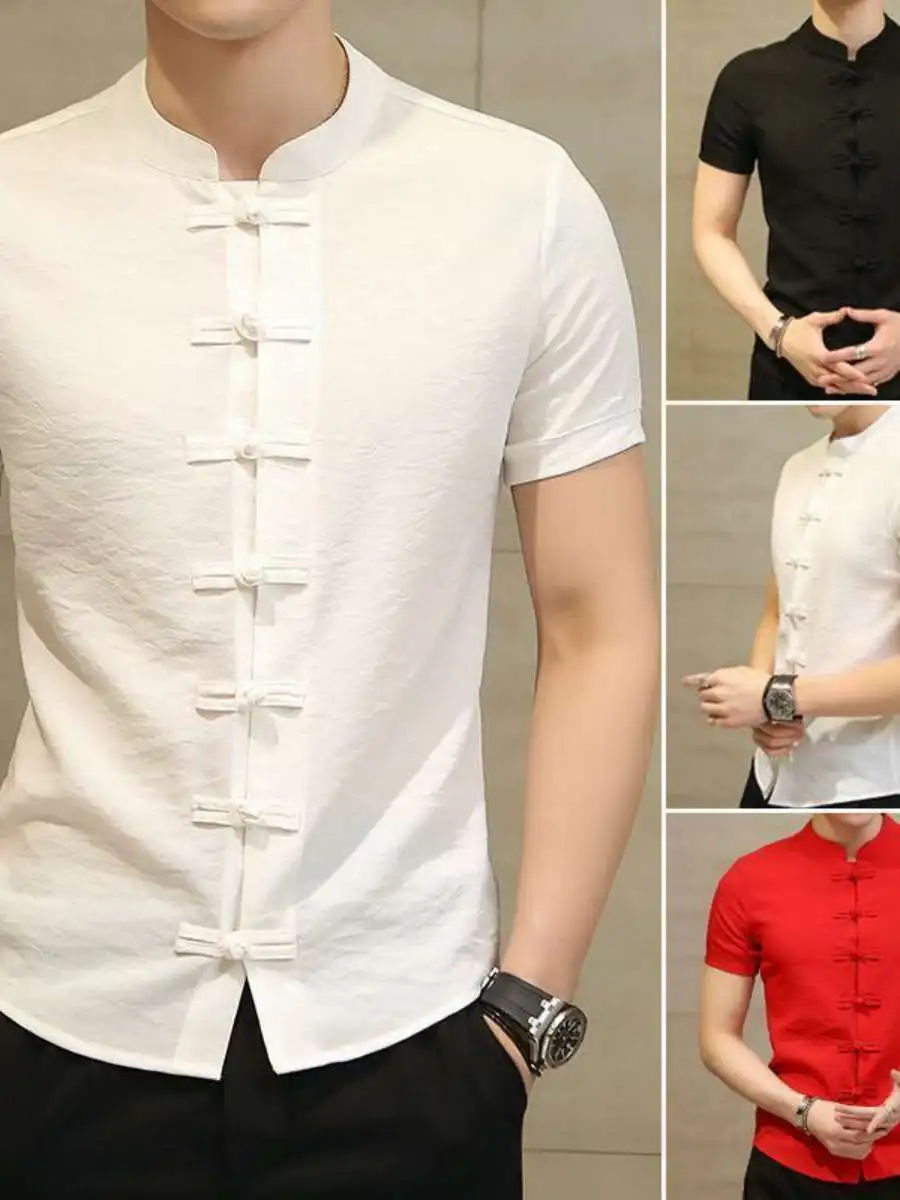 

Collar Button Sve Men's irt Slim Fit Chinese Sle ort Long Top Hanfu Zhongan Buddhist Clothes Casual Summer irt