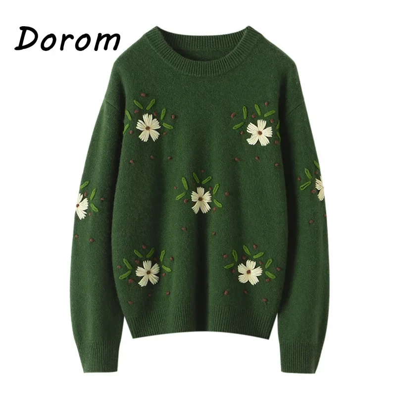 Vintage Flower Embroidery Green Sweater Autumn Japanese O-neck Retro Wool Knitted Pullover Female Harajuku Casual Jumper Tops