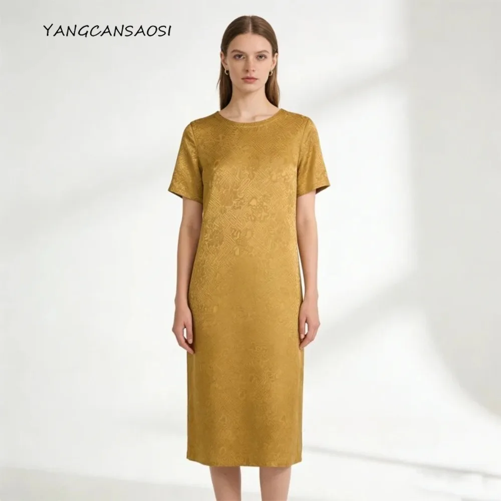 

2026 Women's Fashion Spring/Summer Clothing 100% Natural Mulberry Silk Jacquard Satin Commuter Round Neck Short Sleeve Dress
