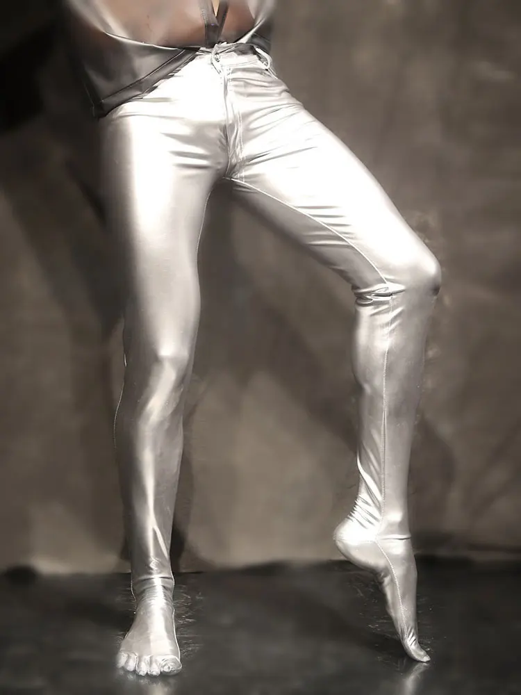

Men's Five Toe Long Pants Sexy PVC Oil Shiny Tights Low Waist U Bulge Pouch Man Shaping Pack Hip Pants Nightclub Stage Trousers