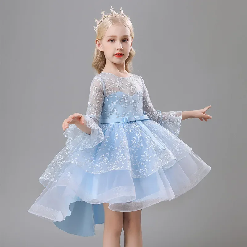 Girls' Ceremony Gala Elegant Party Vintage Dresses 4 8 to 10 12 Years Blue Puffy Long Sleeve One-piece Gown Female Child Clothes