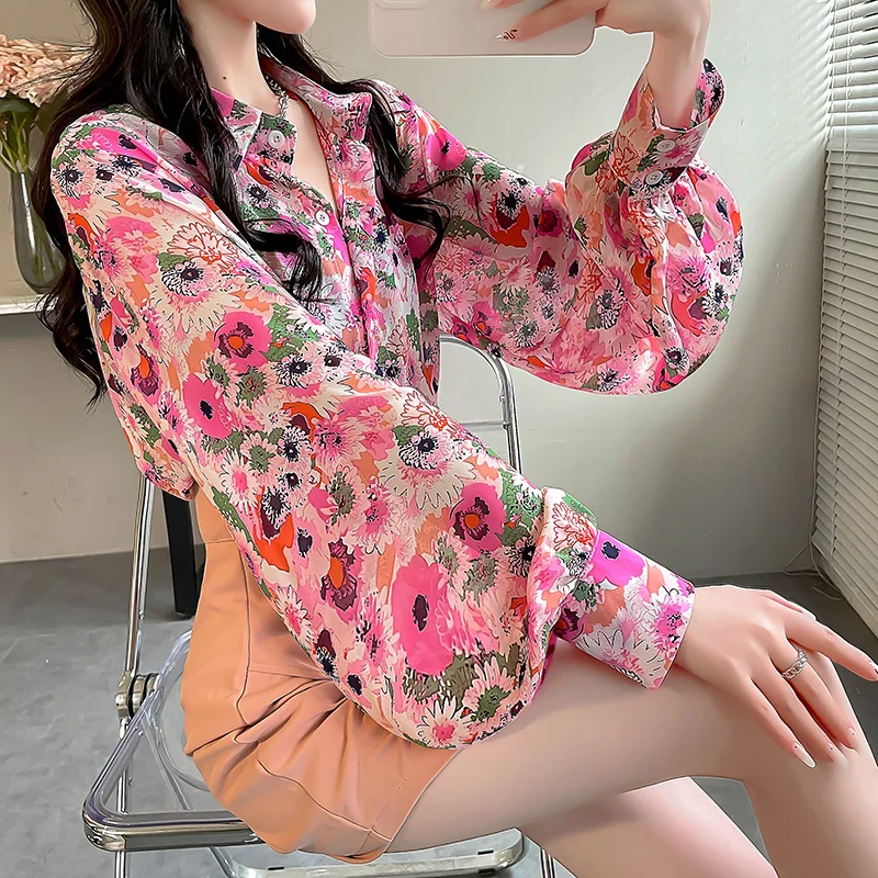 Fashionable and Stylish Floral Pink Shirt for Women in Spring 2024 Thin Top Chiffon Shirt for Women Slim Lantern Sleeve Shirt