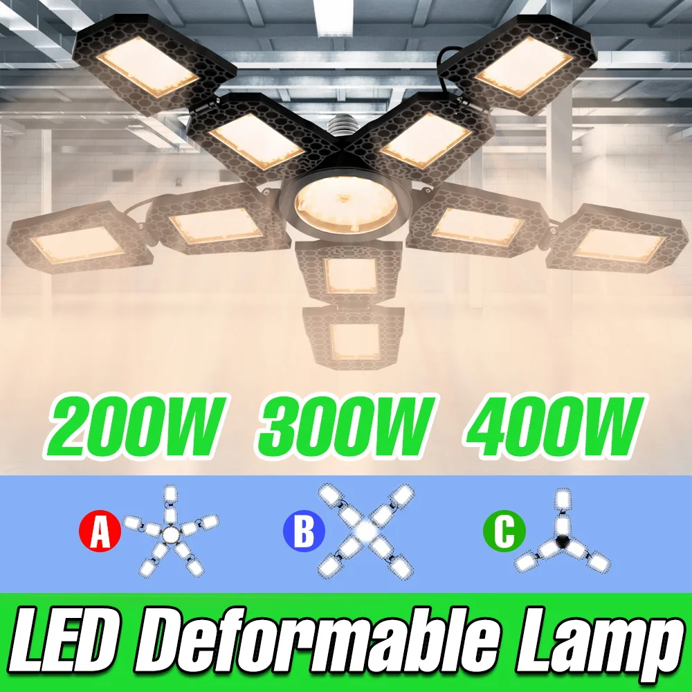 400W LED Workshop Bulbs E27 Indoor Deformation Garage Lamp 220V Foldable Spotlight 110V Warehouse Basements Large Area Lighting
