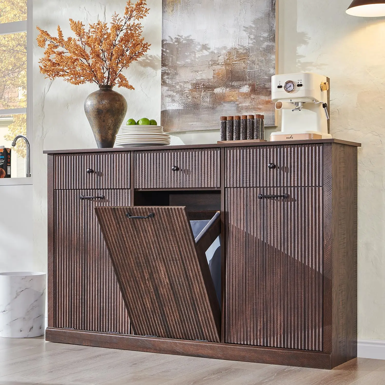 Triple Tilt Out Laundry Hamper Cabinet Trash Can Cabinet Brown Customized image 6