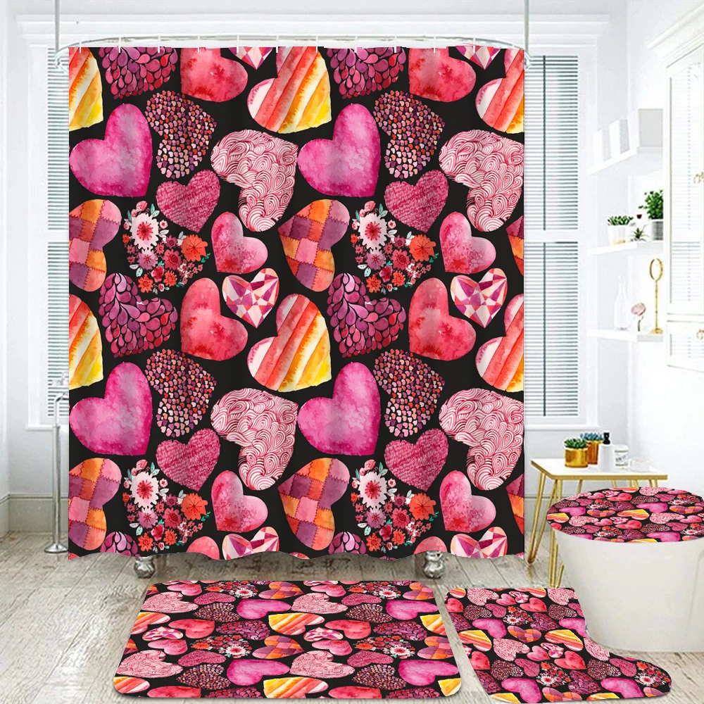 Pink Love Printed Fabric Shower Curtain Set Valentine Day Romantic Heart Shower Curtain Bathroom Non-Slip Bath Mat Toilet Cover