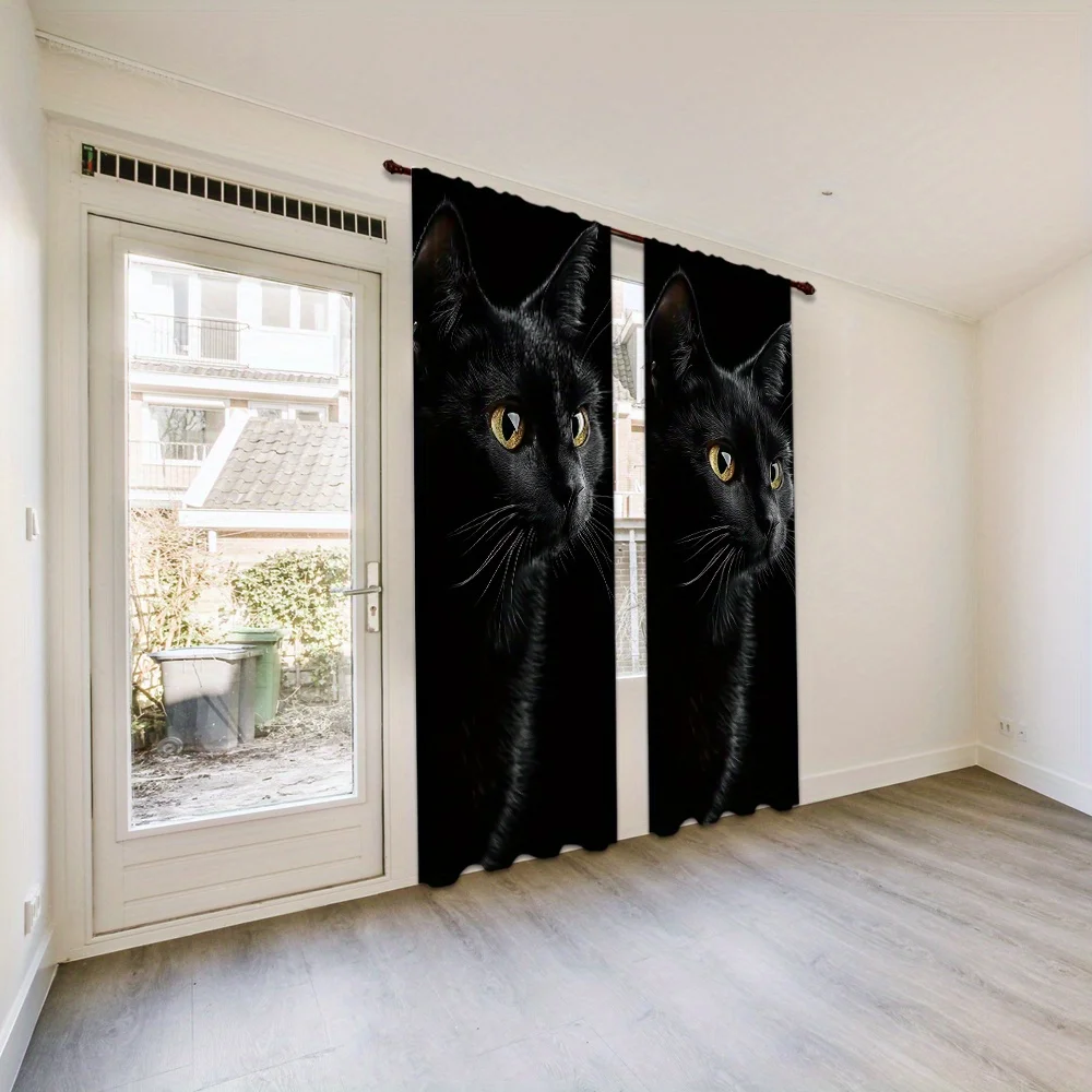 2pcs Black Cat Golden Eyes Portrait Curtains Blackout Drapes for Bedroom Pet Lover Decor Realistic Animal Face Print Window