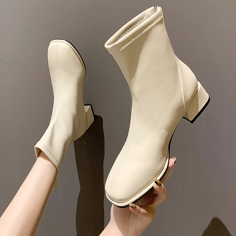 Women Beige High Heels Ankle Boot Winter Female Square Toe Chelsea Boots Short Boot Fashion Zip Women's Boots 2024 Autumn Winter