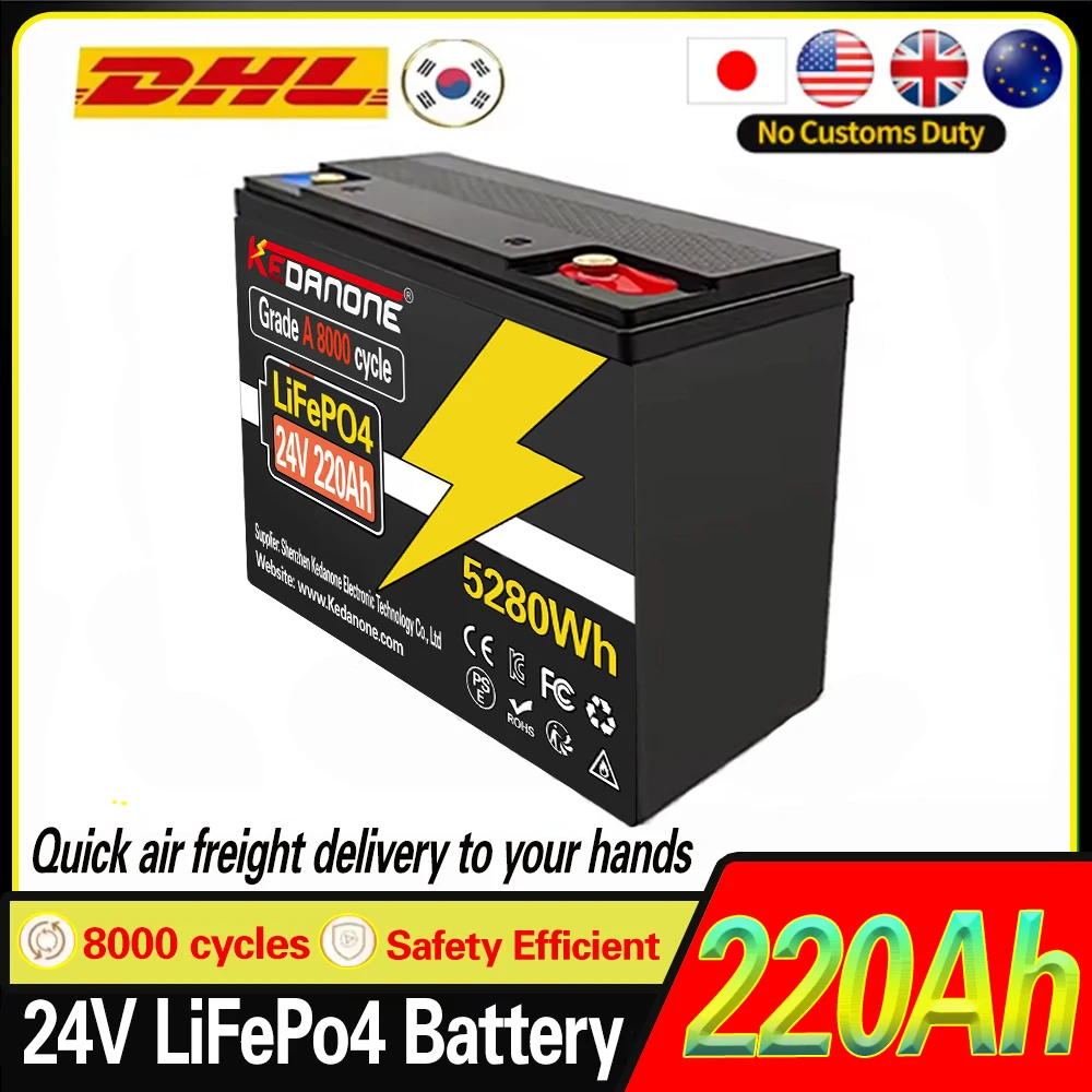 100% New LiFePo4 24V 200Ah Lithium Iron Phosphate Battery Built-in 200A BMS, for Solar Marine Overland Off-Grid LiFePo4 Battery