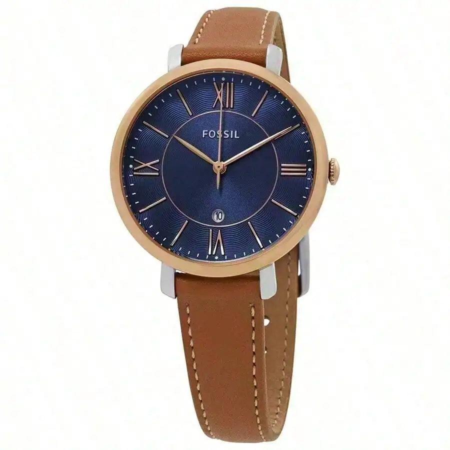 Fossil Woman Watches– 36 mm Blue Dial with Date Display, Brown Leather Band, Vintage Aesthetic Gift Accessories