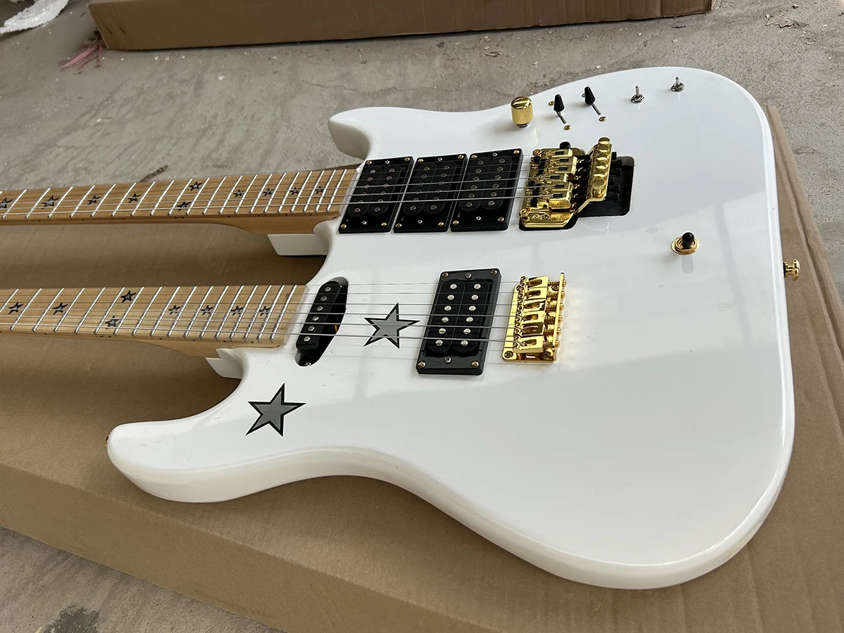 Factory Double Neck White 6+6 Strings Electric Guitar Maple Fretboard Gold Hardwares Customizable