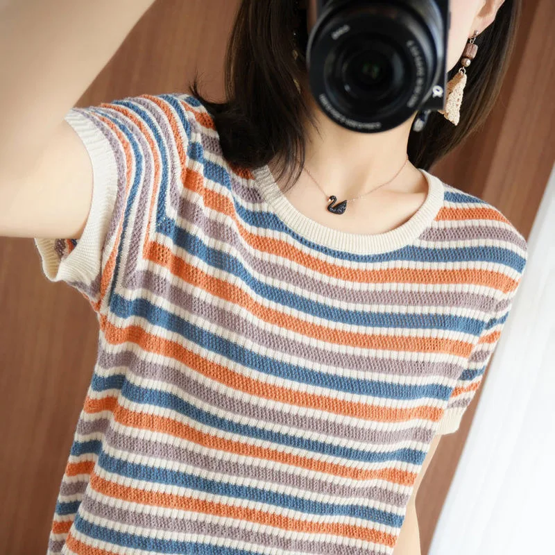 Summer Ice Silk Rainbow Striped Short Sleeve Thin Pullover Top Women Casual Round Neck Slim Chic Sweet All-match Knitted Sweater