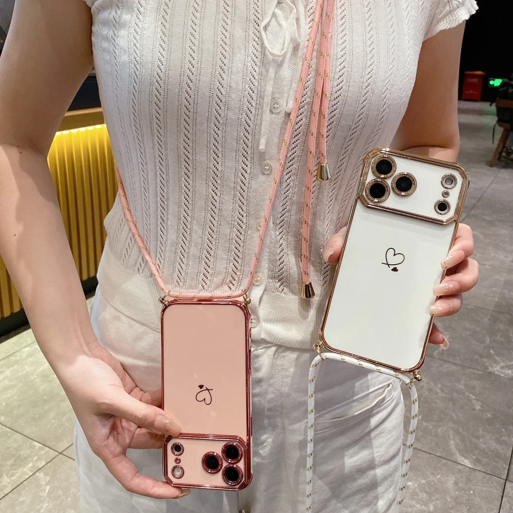 Crossbody-Halsband-Schultergurt-Hülle für iPhone 18 17 Pro Max 16 13 15 14 Plus, vergoldetes Herz, weiche Silikonhülle – Detail 3