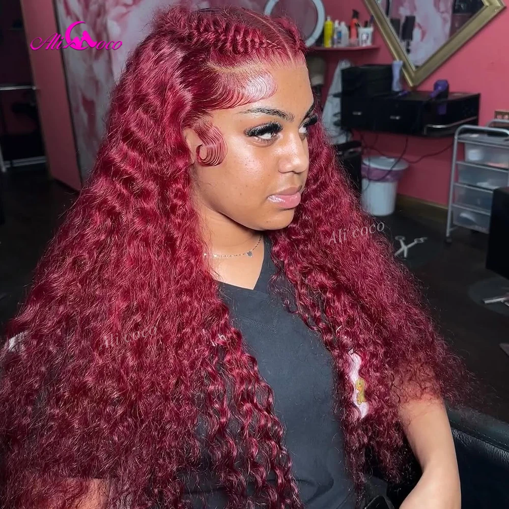 200 Density 99J Colored 13x6 Drawstring Glueless Wig 13x4 Transparent Lace Deep Wave Human Hair Pre Plucked 5x5 Lace Closure Wig
