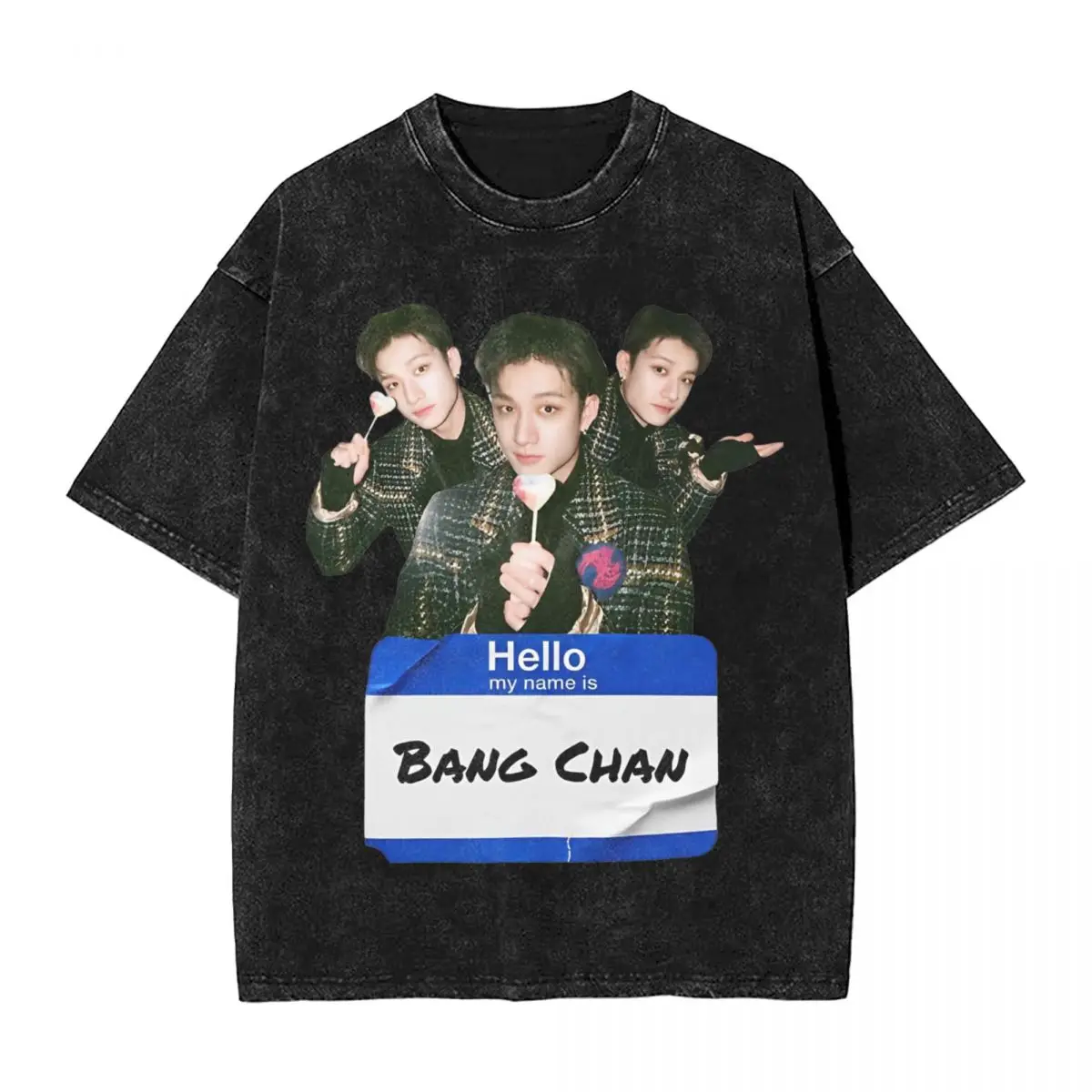 Oversized Washed T Shirt Hello My Name Is Bang Chan Simple T-Shirts Fashion Tshirt for Men Summer Y2K Classic Design Tees