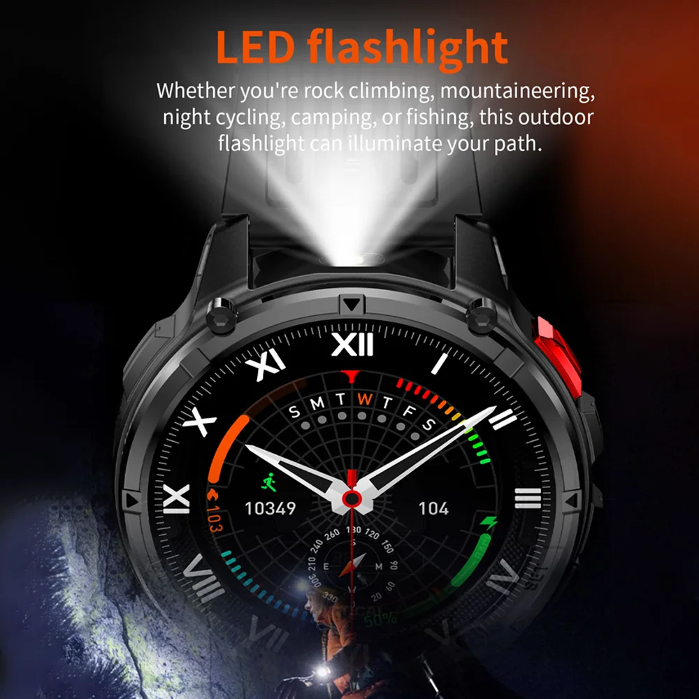 2026 New Outdoor Sports Smart Watch Men's Flashlight 1100mAh Battery Bluetooth Call Outdoor 3ATM Waterproof Durable Smart Watch