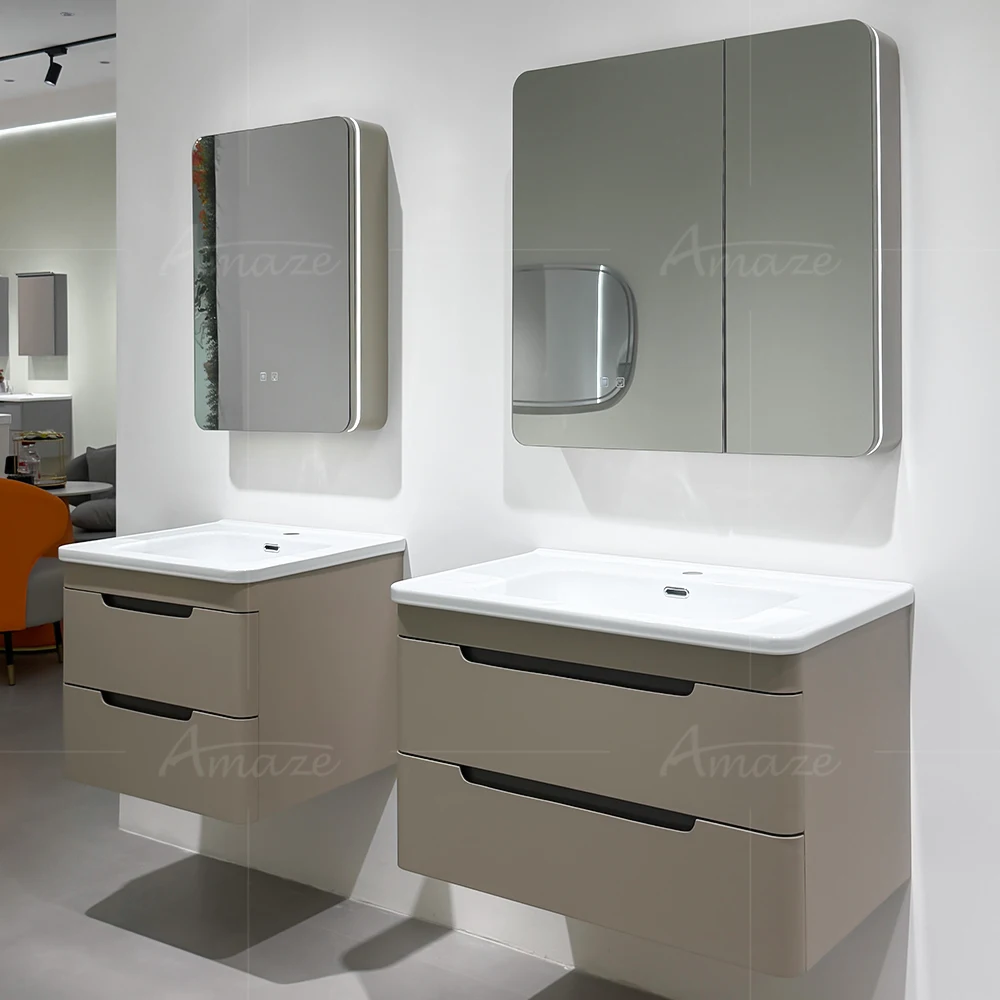 Bathroom CabinetEurope Simple Design Khaki Color Wall Mounted Cabinet Wall Hung Plywood Bathroom Vanity With Smart Mirror