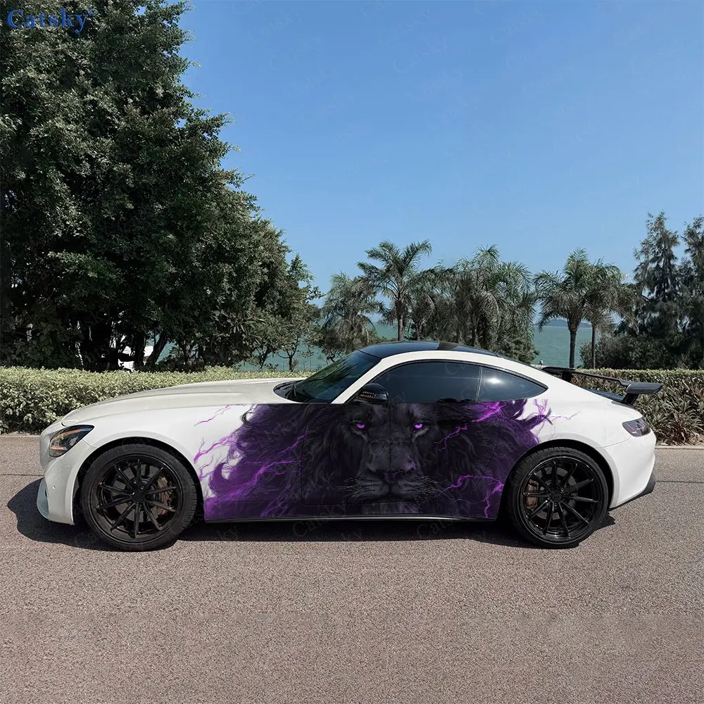 2pcs Fierce Beast Purple Lightning Car Side Wraps, Self-Adhesive PVC Waterproof & Scratch-Resistant Stickers, Car Accessory Gift