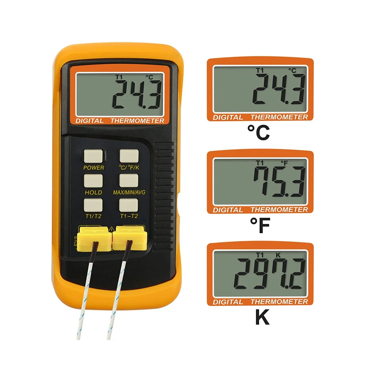 Digital K-Type Thermocouple Thermometer (-50-1300°C) with Dual Channels 4 Probes Handheld High Temperature