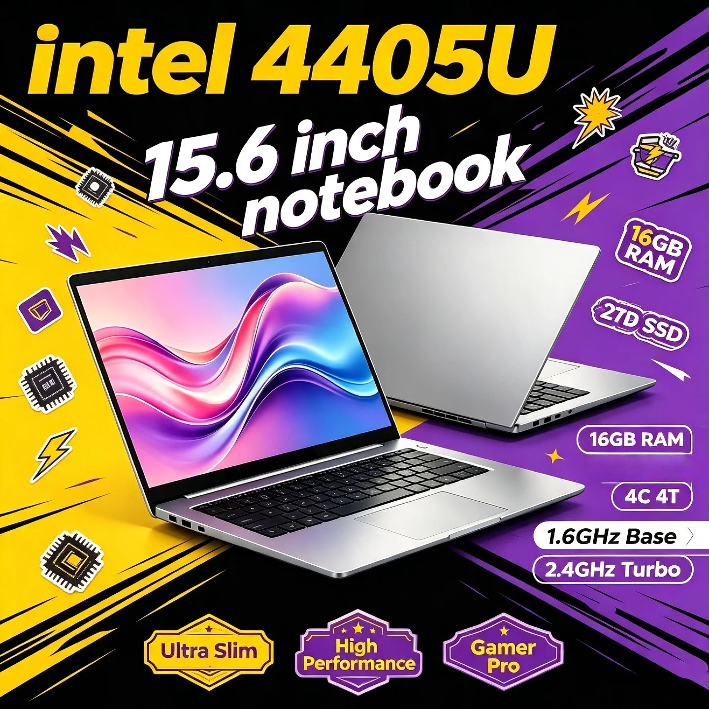 Pentium 4405U Intel 15.6 Inch Ultra Slim Laptop 16GB RAM 2TB SSD Gamer Notebook 1920x1080 Office Study Gaming PC Pro