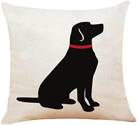 Black Dog Silhouette Pillowcase, Minimalist Pet Lover Cushion Cover, Red Collar Puppy Art, Modern Home Sofa Decor Gift