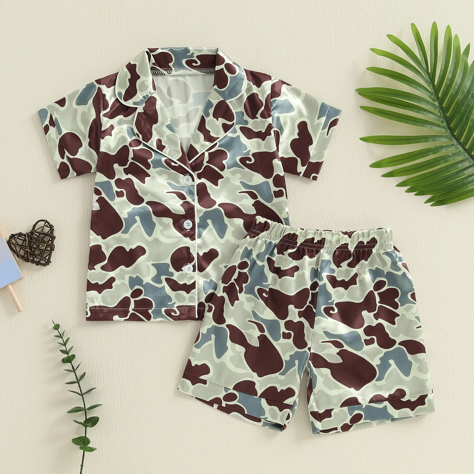 

Детский летний пижамный комплект с милым животным принтом, топом на пуговицах с короткими рукавами и шортами, уютная одежда для сна для мальчиков