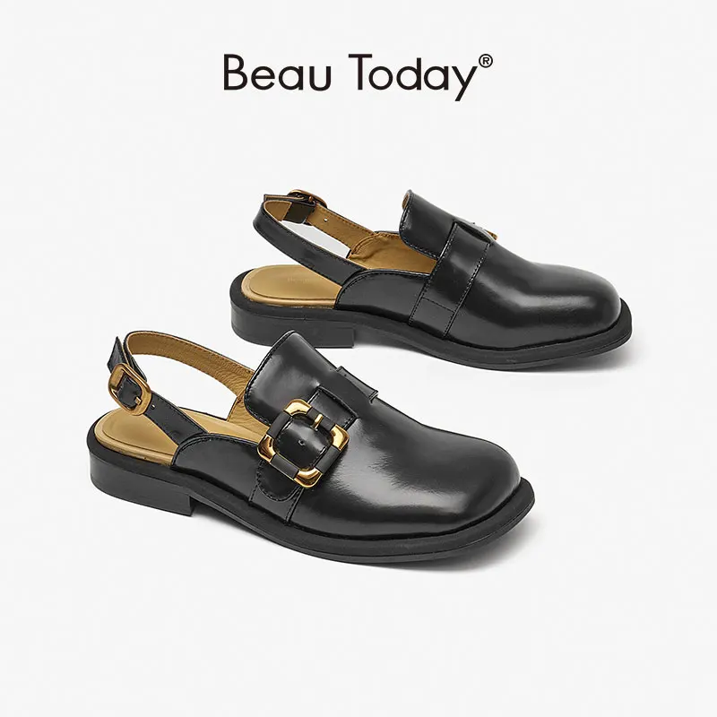 BeauToday Sandals Women Genuine Cow Leather Square Toe Slingback Metal Buckle Decoration Summer Ladies Shoes Handmade 32396