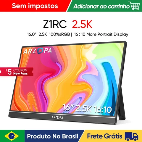 [produto no brasil] ARZOPA 16 polegadas 2K Monitor Portátil 16:10 Tela IPS com tipo-c mini hdmi Segundo Display para MAC/Laptop/PC/Xbox/PS4/5/Switch,Z1RC