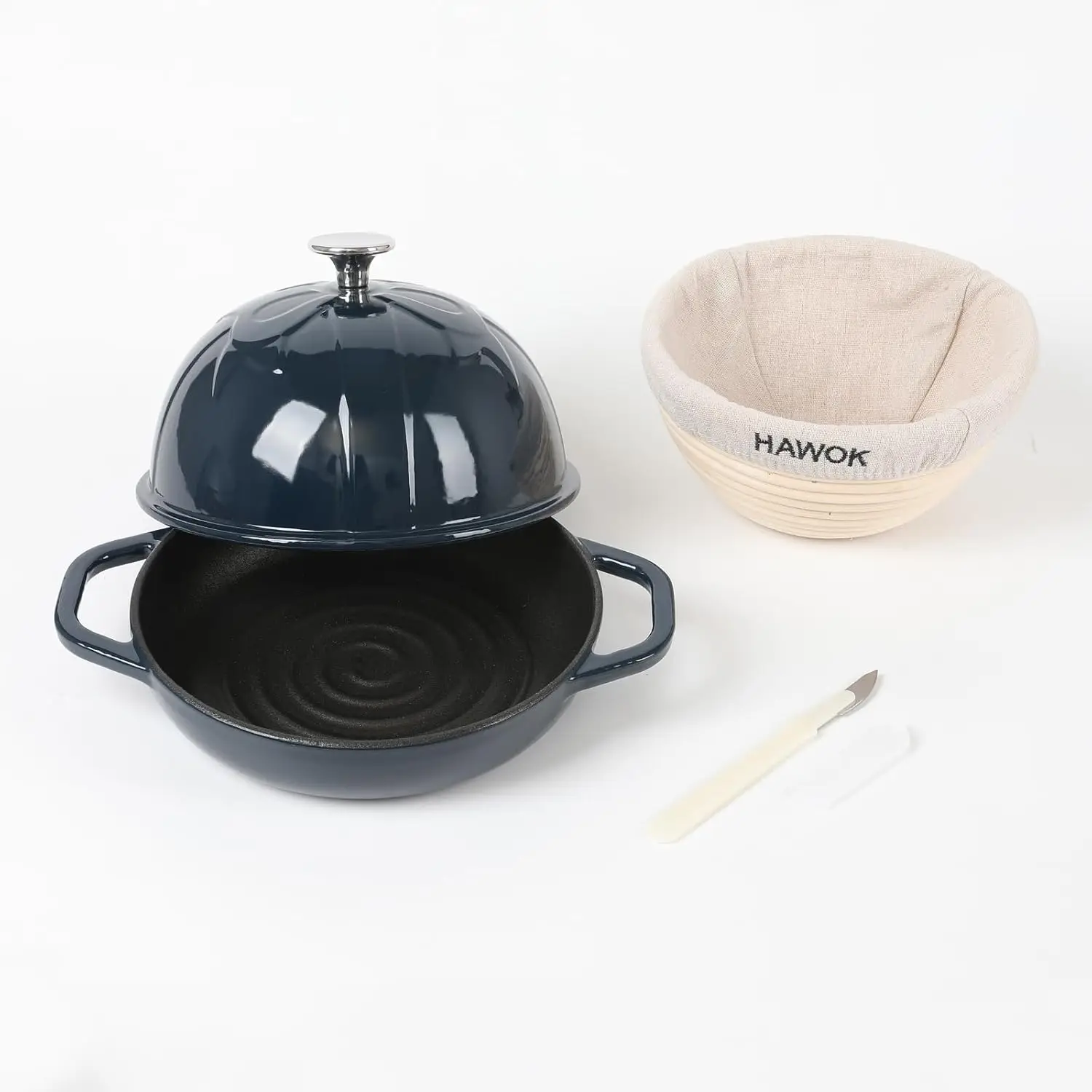 

Cast Iron Bread Cloche, Dia. 7.8inch/20cm, 0.95qt, with Proofing Basket and Dough Scoring Knife, Sourdough Baking Pan Enameled N