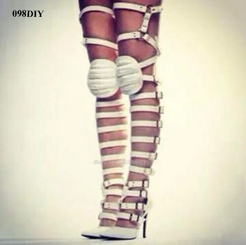 

Sexy Pointed Toe Black White Pointed Toe Strappy Buckled Over The Knee Sandal Boots Women High Heel Gladiator Sandals Boots