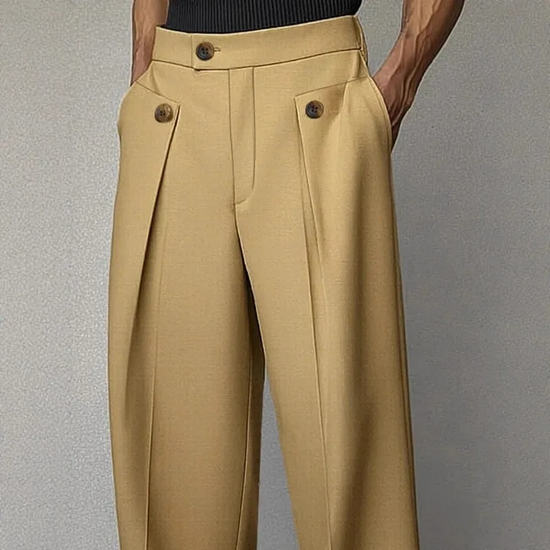 KIDWHXR Men Full-length Pant Spring Autumn Business Casual Male Suit Pant Loose Straight Pleated Comfortable Man Trousers