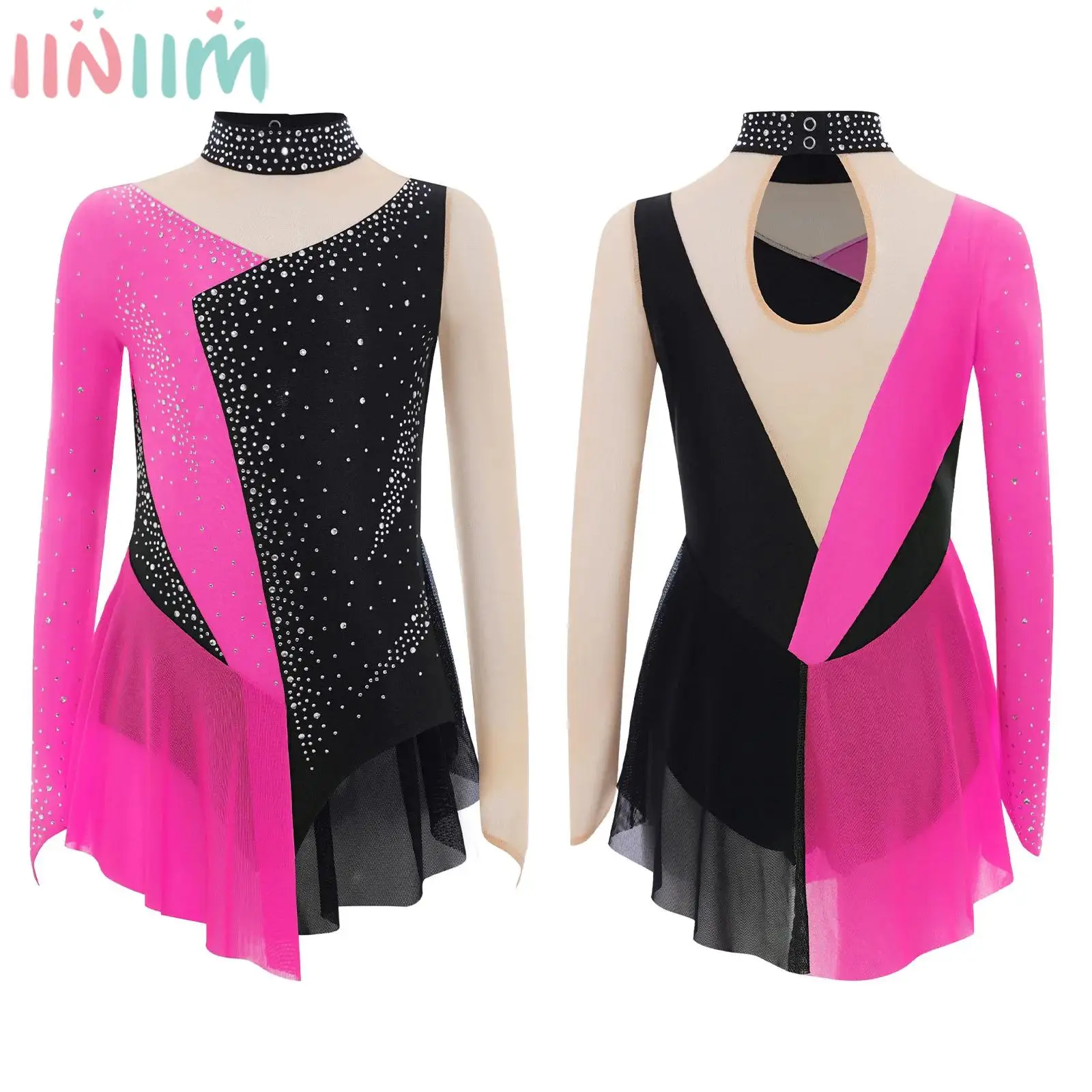 Kids Girls Figure Skating Costume Long Sleeve Rhinestone Sheer Mesh Leotard Dress for Lyrical Dance Ballet Gymnastics Acrobatics