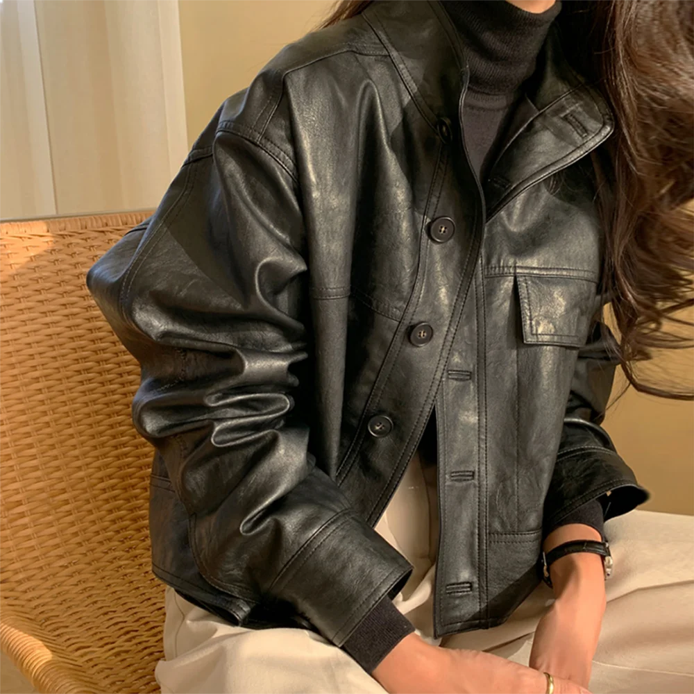 Korean Simple Single Breasted Leather Jacket Women Fashion Stand Collar Loose Casual Faux Leather Locomotive Coat PU Outerwear