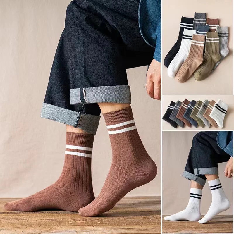 Socks Men's Autumn and Winter New Trend All-match Medium Tube Socks Breathable Vertical Strip Men's Cotton Socks Plus Size37-48