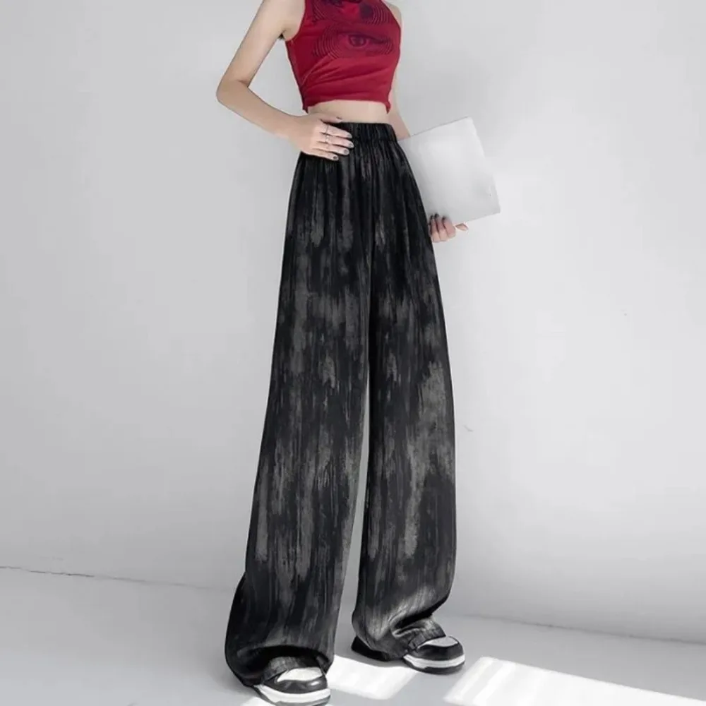 Pantalon décontracté ample pour femme en soie glacée, coupe droite, jambe large, tie-dye, confortable, respirant, pour l'été