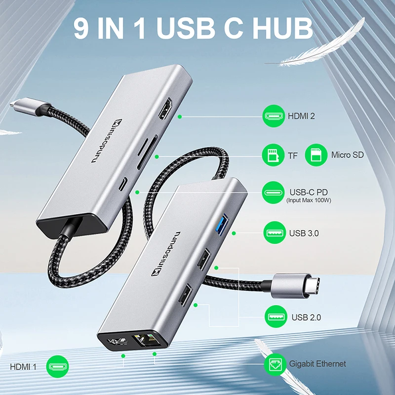 Minisopulu-концентратор USB C 4K 2 HDMI USB Тип C к DP RJ45 Мульти USB A порты PD 100 Вт SD/TF Mic/аудио адаптер для Windows ноутбука USB типа 3.0 USB HUB