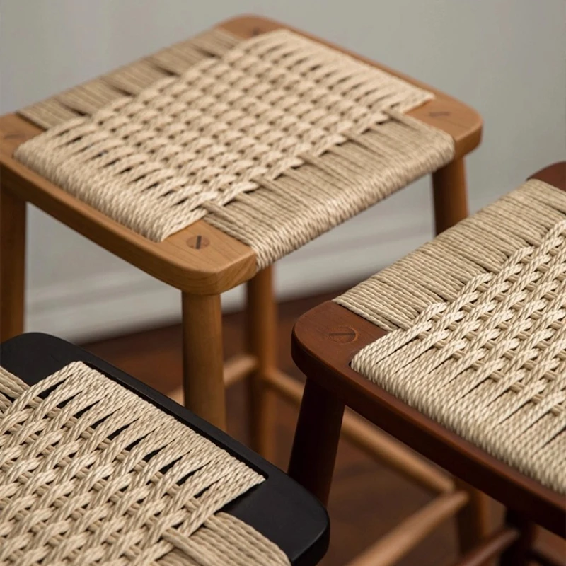 Nordic Hemp Rope Woven Square Stool Retro Low Tea Chair Stackable Solid Wood Shoe Bench I-Shape