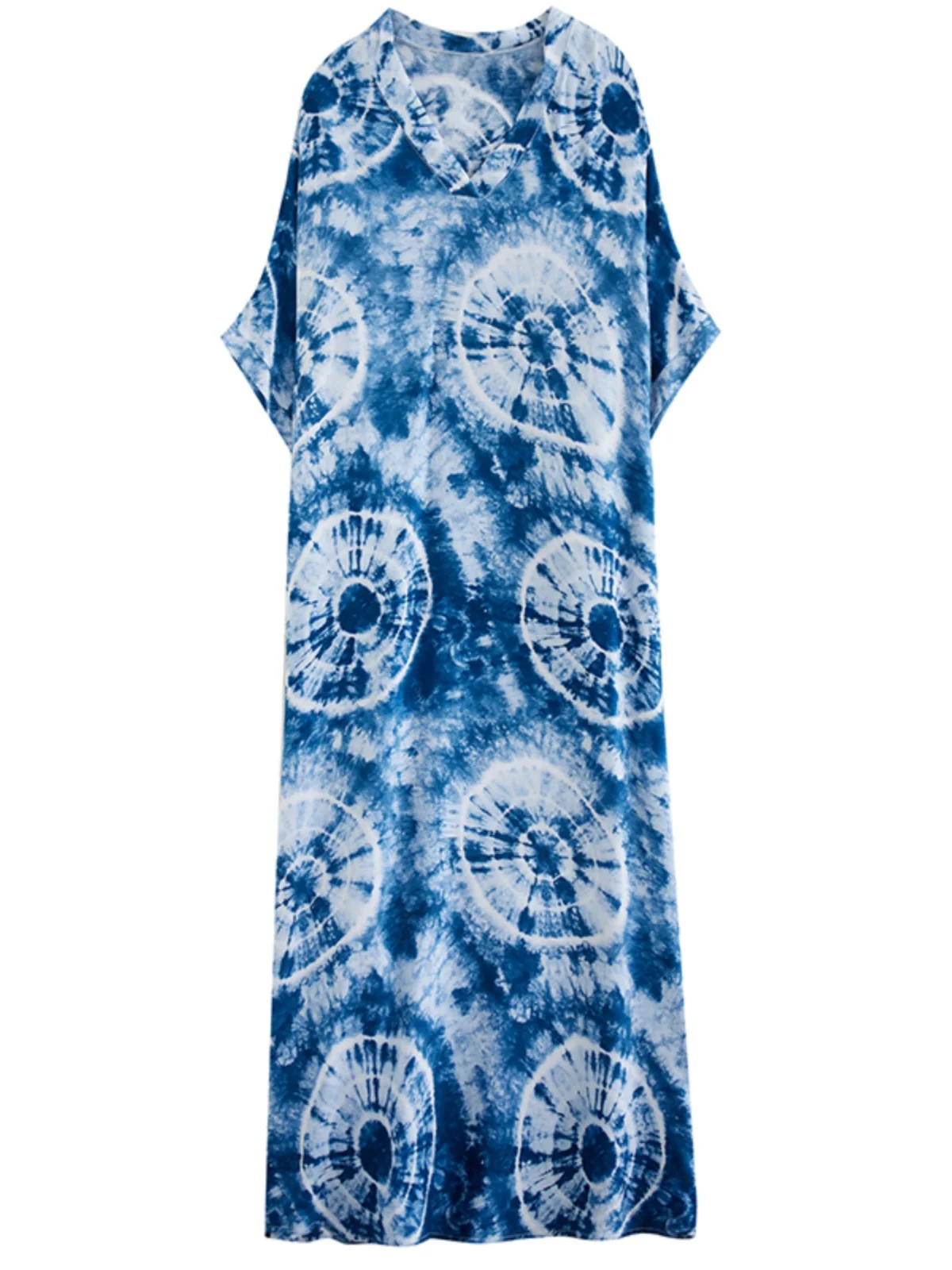 Letnia damska luźna sukienka z dekoltem w serek, nadrukiem, wiązana, długa, zwiewna, codzienna, do pracy, w stylu retro, wzór A-line.