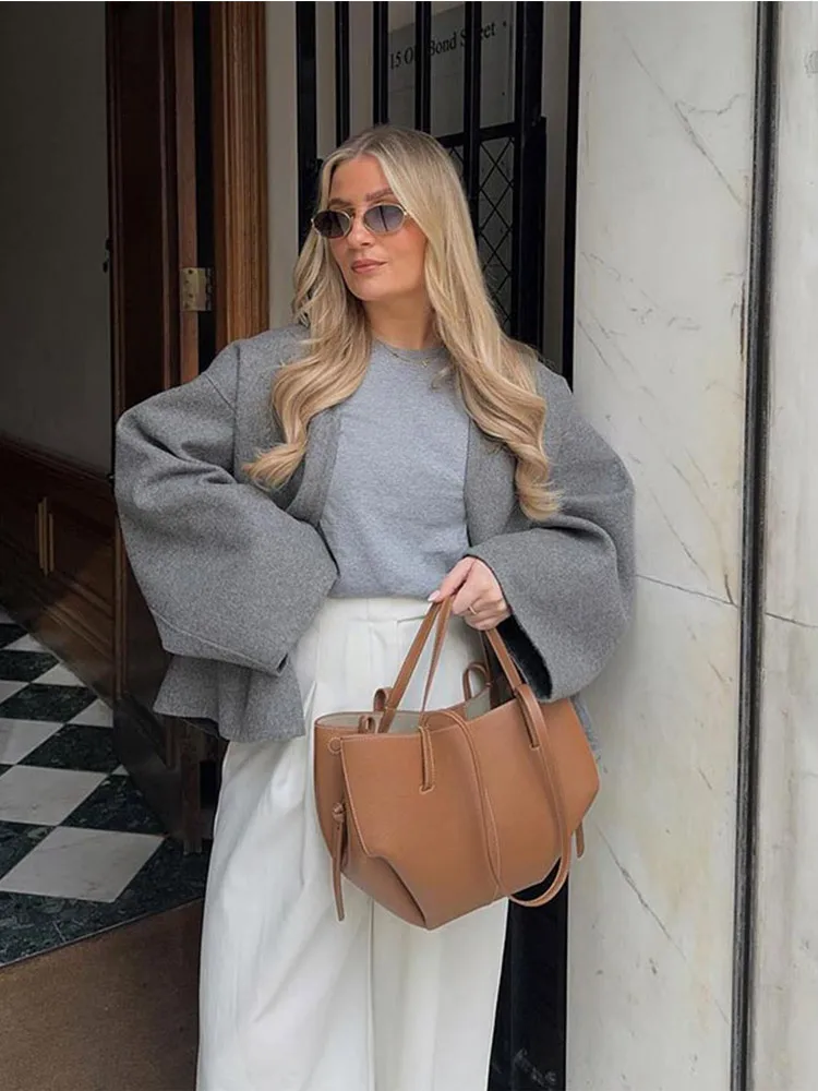 Elegant Grey One Button Wool Short Coats Women Fashion V Neck Long Sleeved Cardigan Jacket 2024 Ins Casual Autumn Lady Outerwear