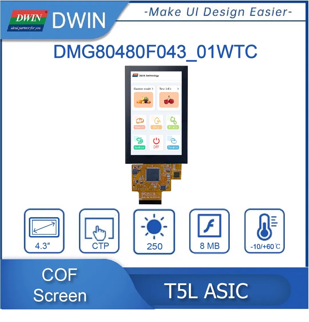 Dwin 4.3 "480X800 Ips Tft Lcd-scherm Cof Ultradunne En Ultralichte Capacitieve Scherm geïntegreerde Touch Panel DMG80480F043_01W