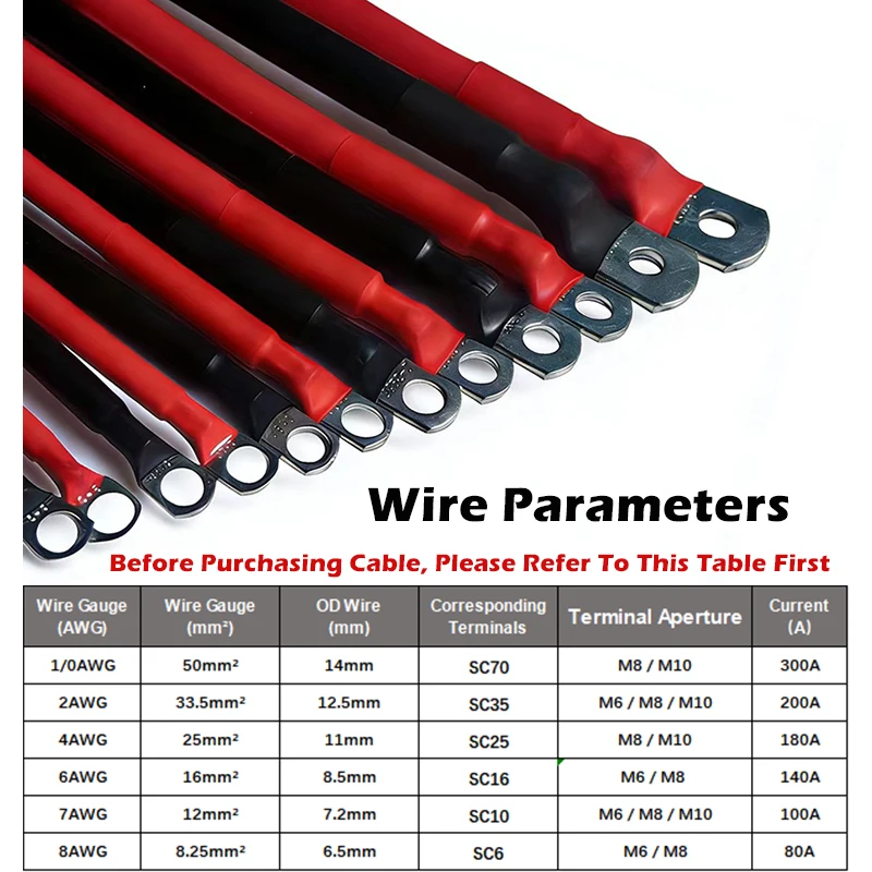 10 8 7 6 4 2 0AWG Red And Black Super Soft Silicone Tinned Copper Wire Cable With M6 M8 M10 Terminal Lug For Inverter Car Solar