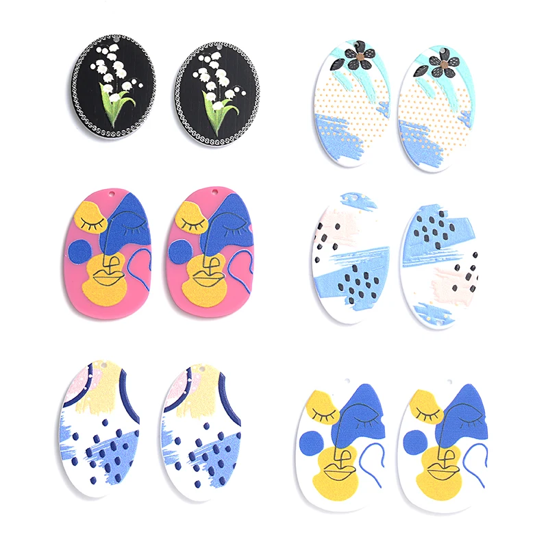 Wholesale 10Pcs/Pack Fashion Painting Acrylic Pendants Charm Oval Pendant For DIY Jewelry Making Earrings Necklace Accessories