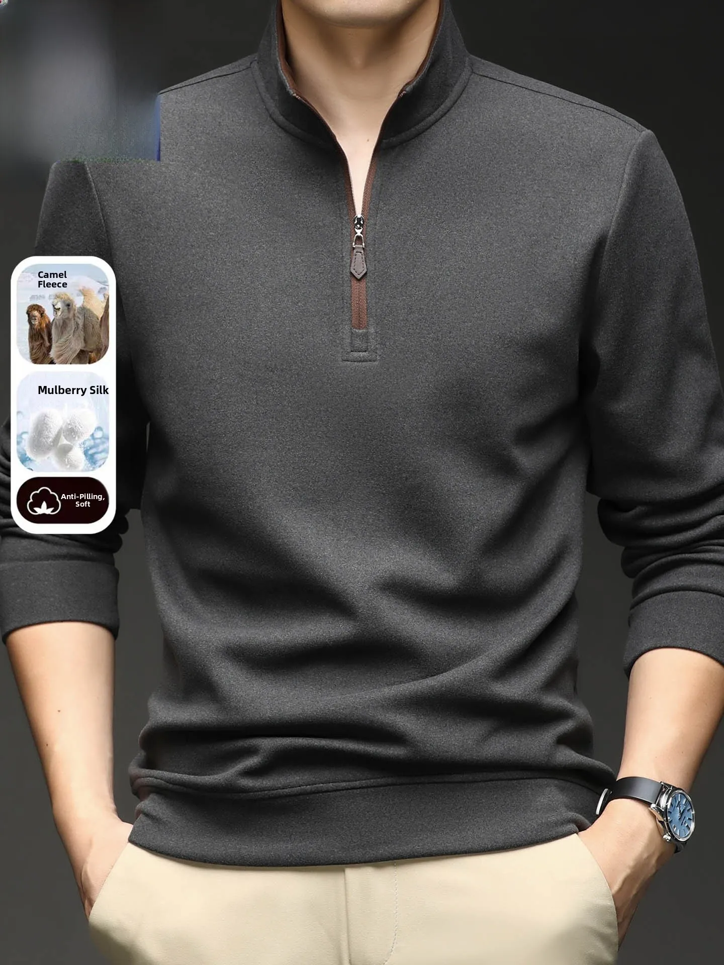

TUCANO Men's Long Sve T-irt Camel down f Zip Stand Collar Warm Casual Base irt Loose Fit Polyester Fiber
