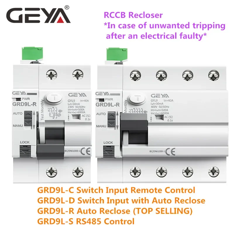 GRD9L-R Auto Reclosing Device Remote Control Circuit Breaker 2P 4P 40A 63A 30mA 100mA 300mA RCD 6KA ELCB RCCB GEYA