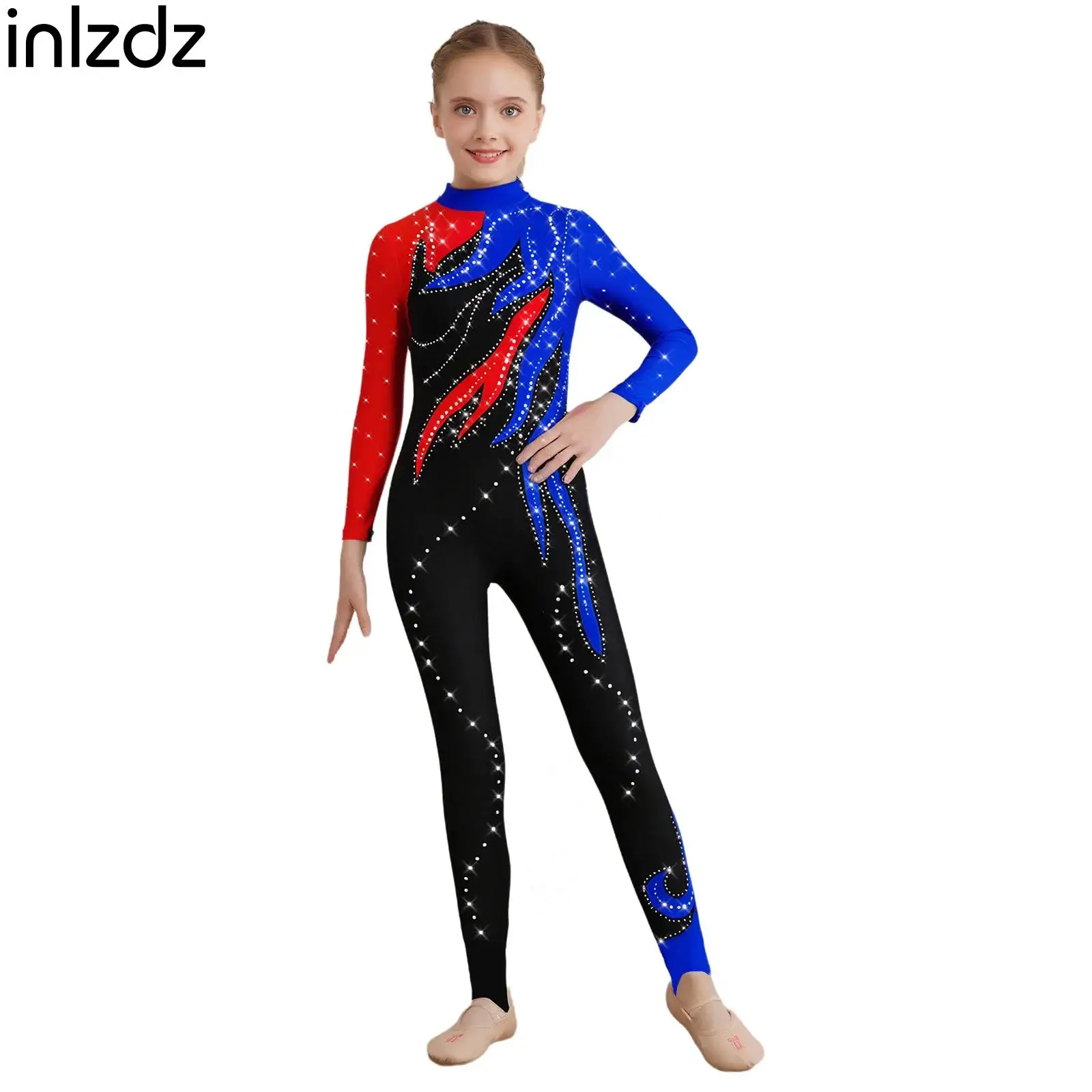 

Children Girls Figure Skating Dance Jumpsuit Rhinestones Long Sleeve Full Body Leotard for Ballet Gymnastics Stage Performance