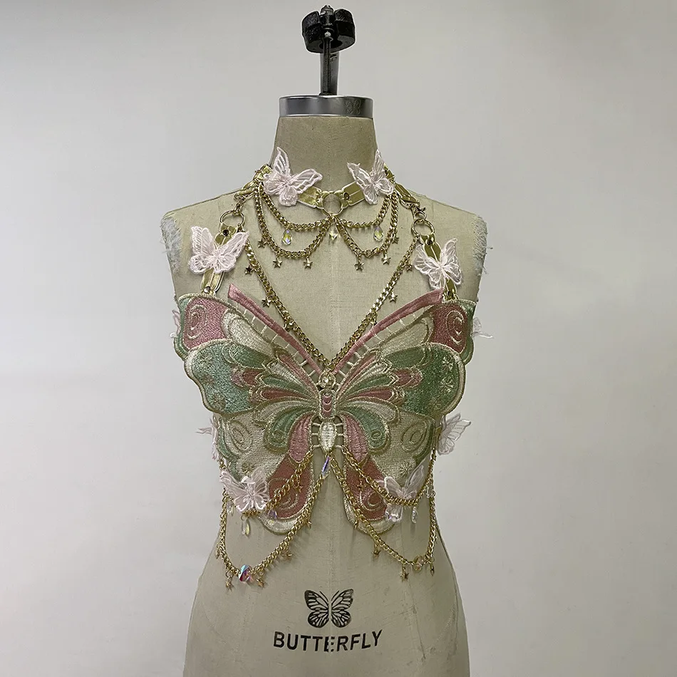 Sexy Woman Crystal Chain Butterfly Embroidery Sleeveless Backless Adjustable Ultra Short Top Music Prom
