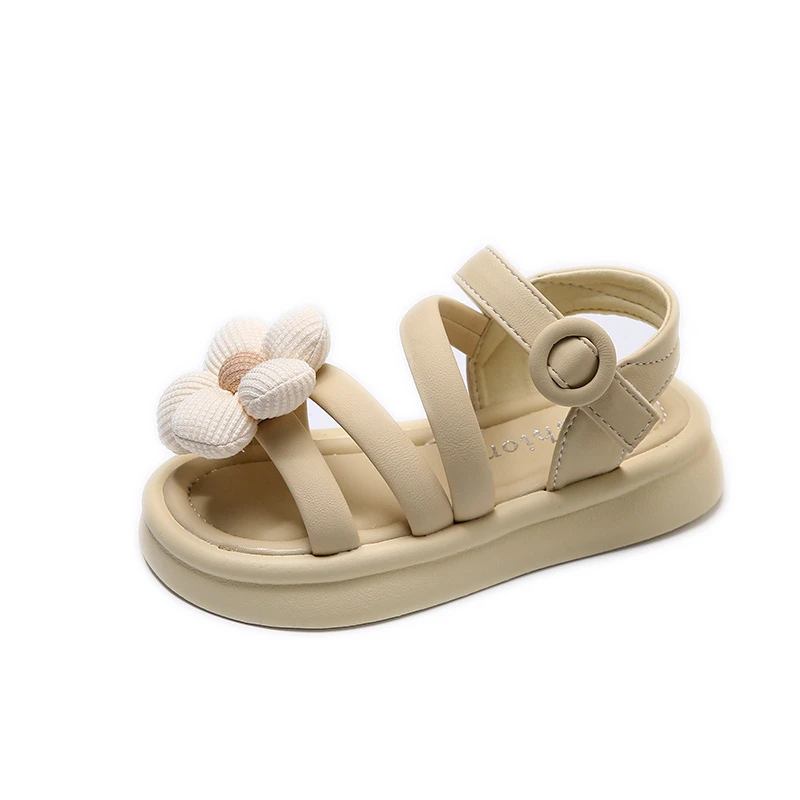 Girls' Flower Buckle Exposed Toe Yellow/beige Fashion Sandals New Outdoor PU Sandal for Girls Summer 2024