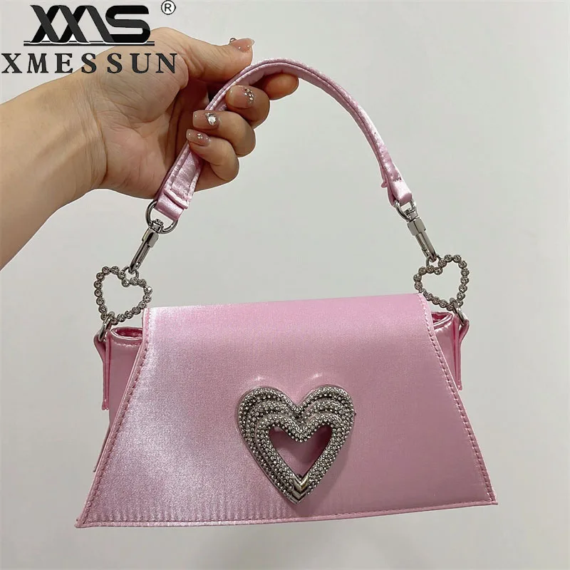 Women New Trendy Heart Rhinestone Diamond Handbags,Luxury Designer Satin Evening Clutch Bags Ladies Silk Wedding Shoulder Bag